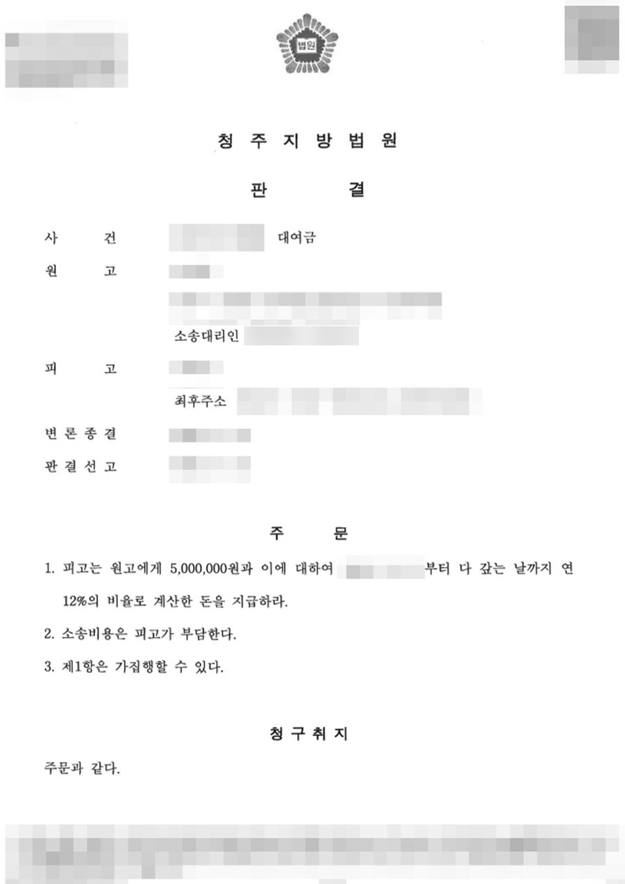 대여금 전액 승소 판결문 사본