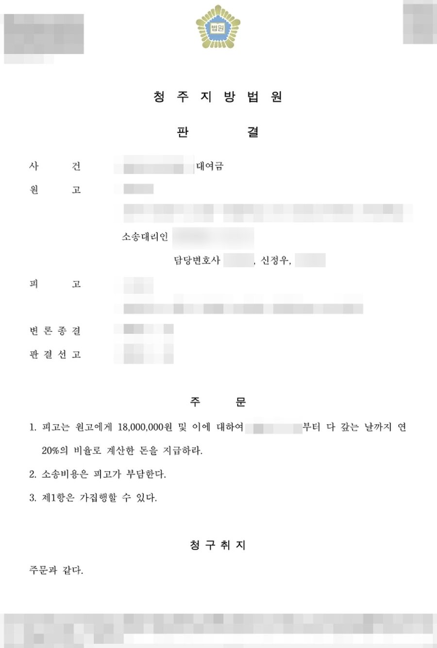 대여금 반환 청구 전액 승소 판결문 사본