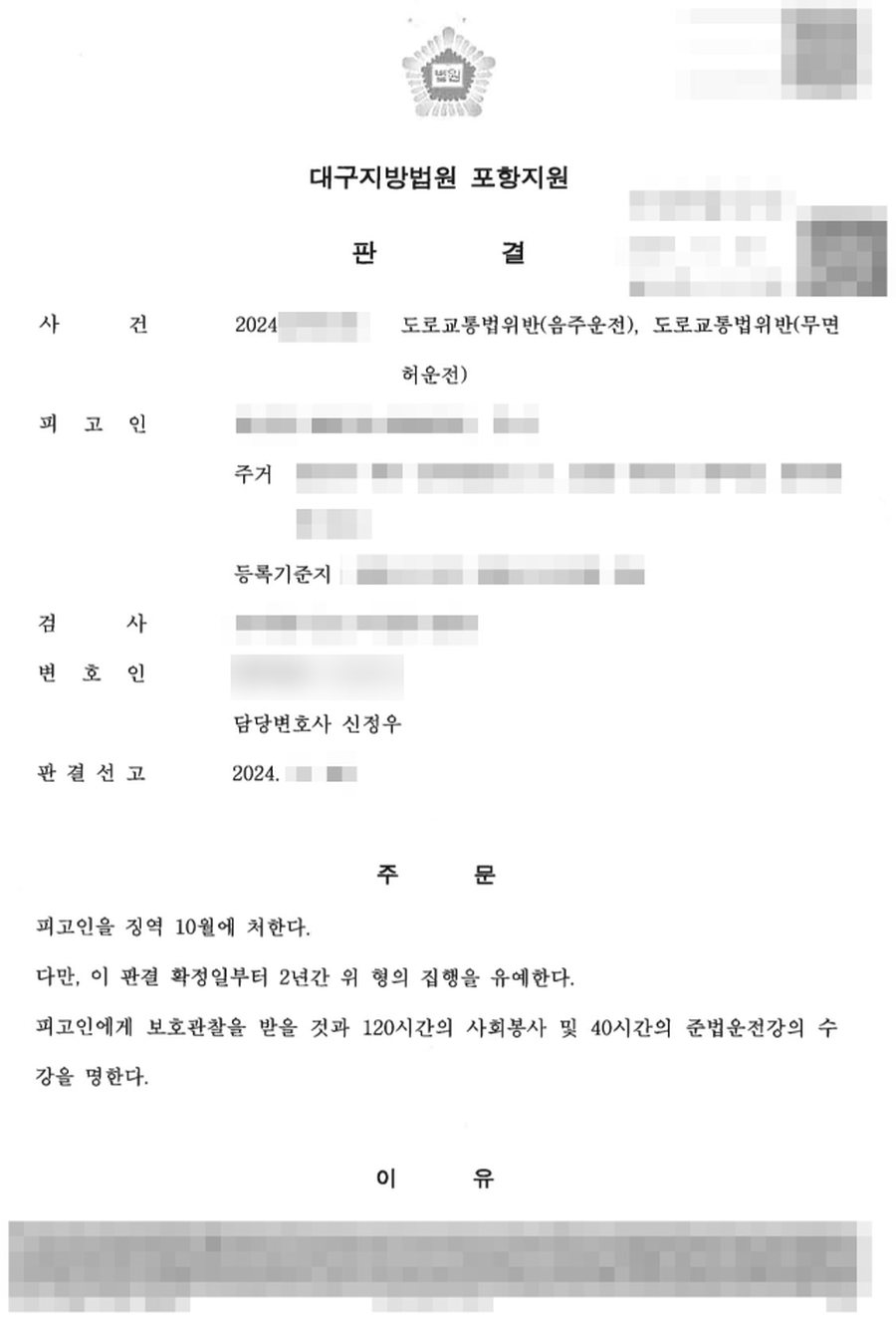 음주운전, 무면허운전 집행유예 판결문 사본