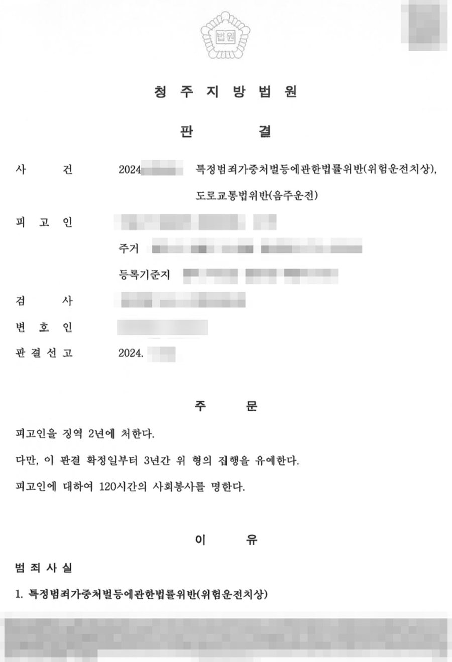 위험운전치상, 음주운전 집행유예 판결문 사본