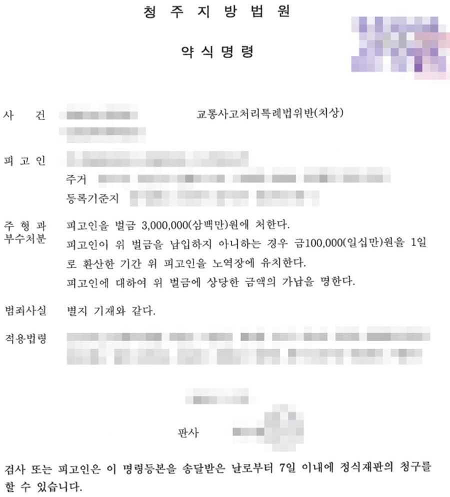 치상 (교특법위반) 벌금 판결문 사본