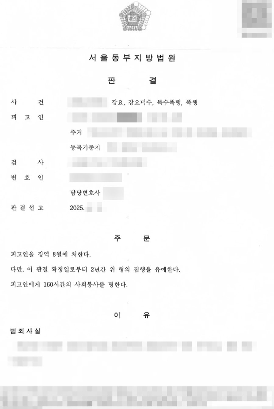 특수폭행, 강요 집행유예 판결문 사본