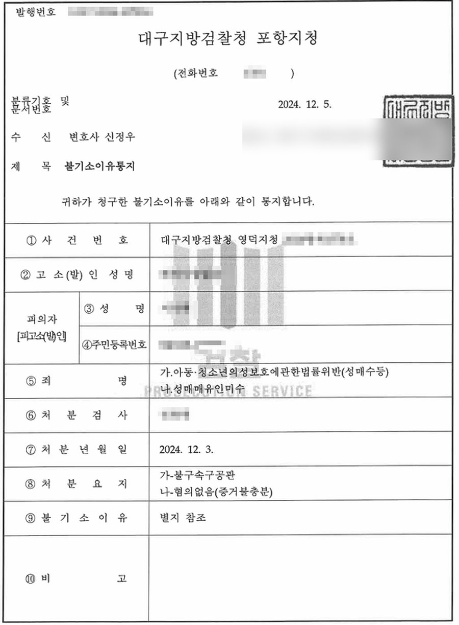 성매매 유인미수 불기소 (혐의 없음) 판결문 사본