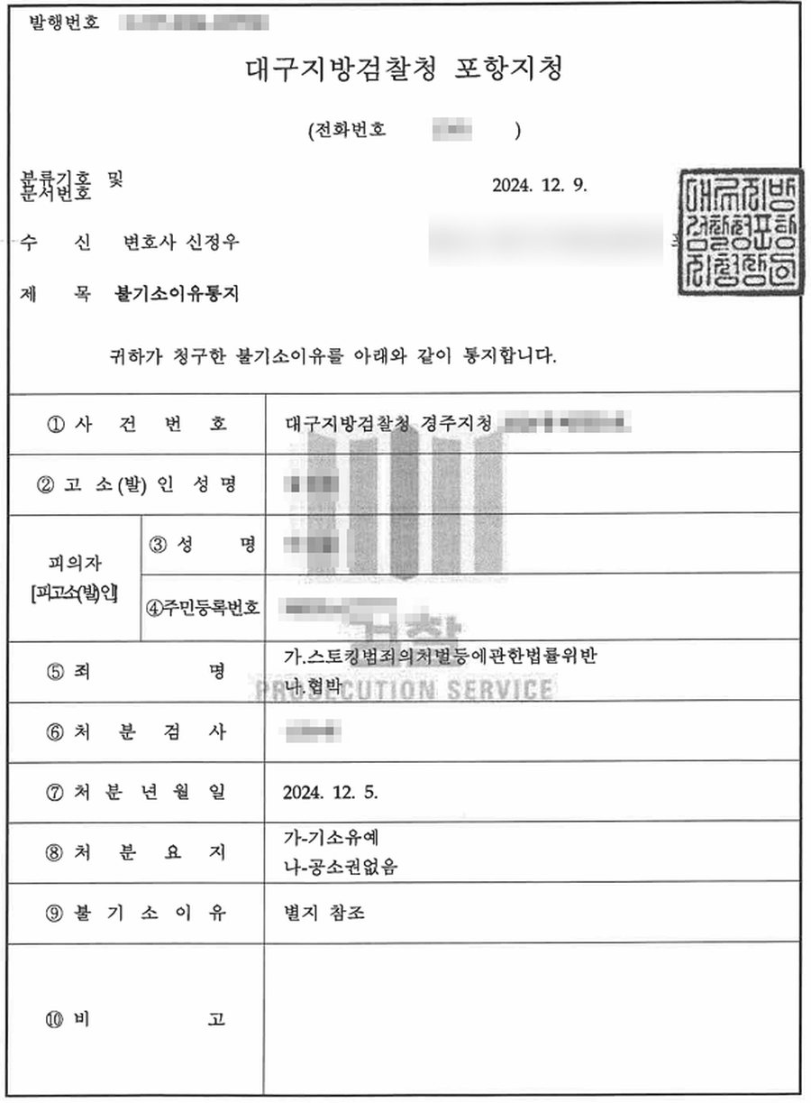 스토킹, 협박 기소유예 판결문 사본